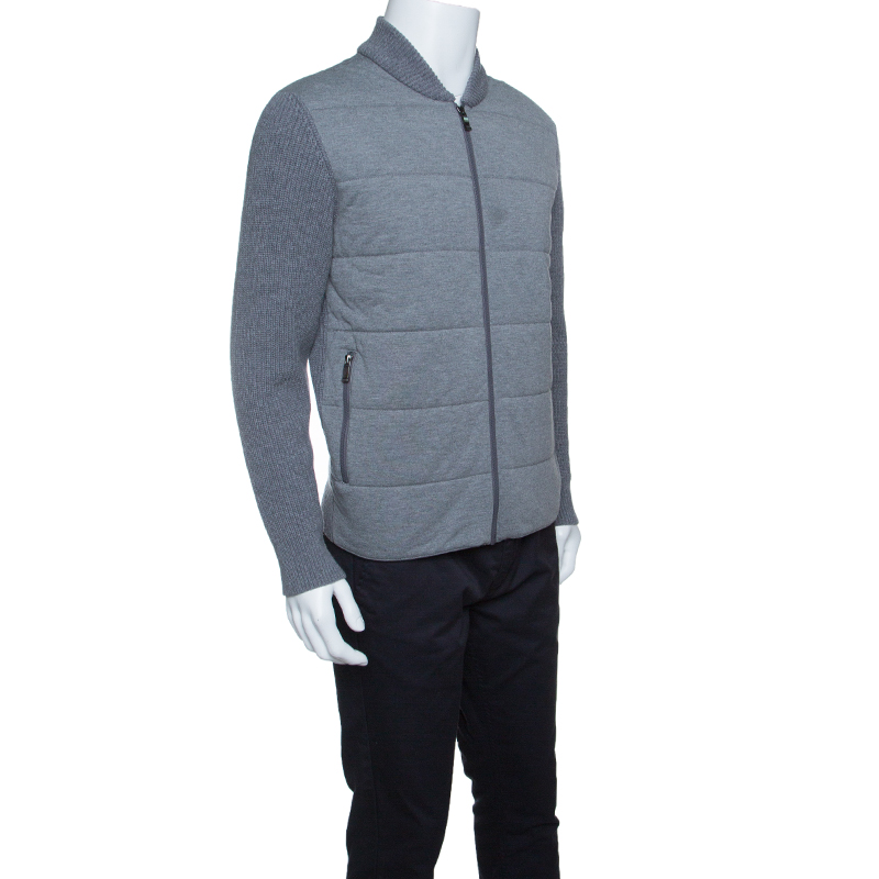 

Z Zegna Grey Quilted Front Panel Chunky Knit Zip Front Cardigan