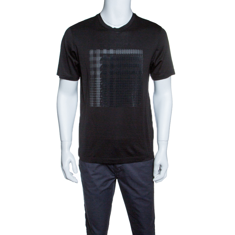 Z Zegna Black Plaid Pattern Flock Printed Short Sleeve T-Shirt M