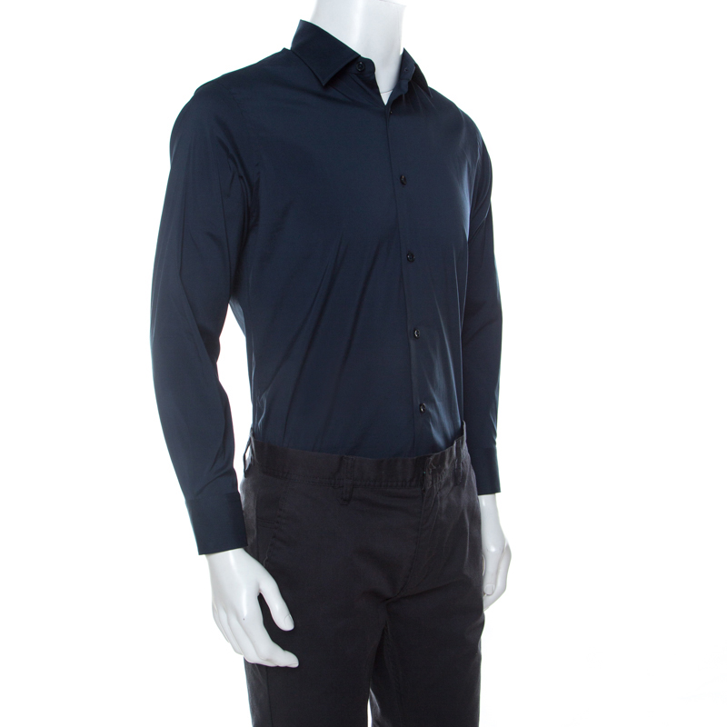 

Z Zegna Navy Blue Stretch Cotton Button Front Shirt