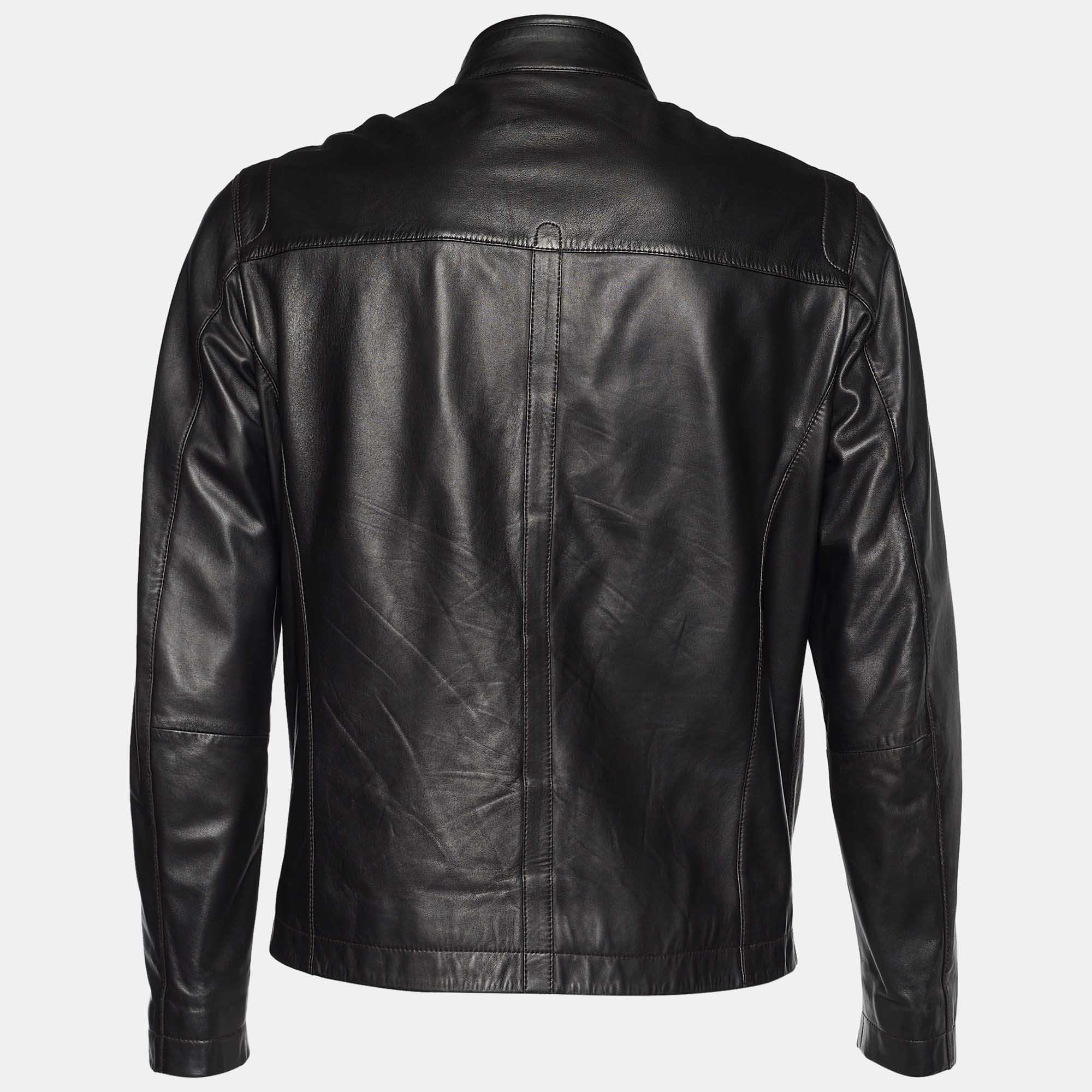 

Z Zegna Brown Leather Zip Front Jacket