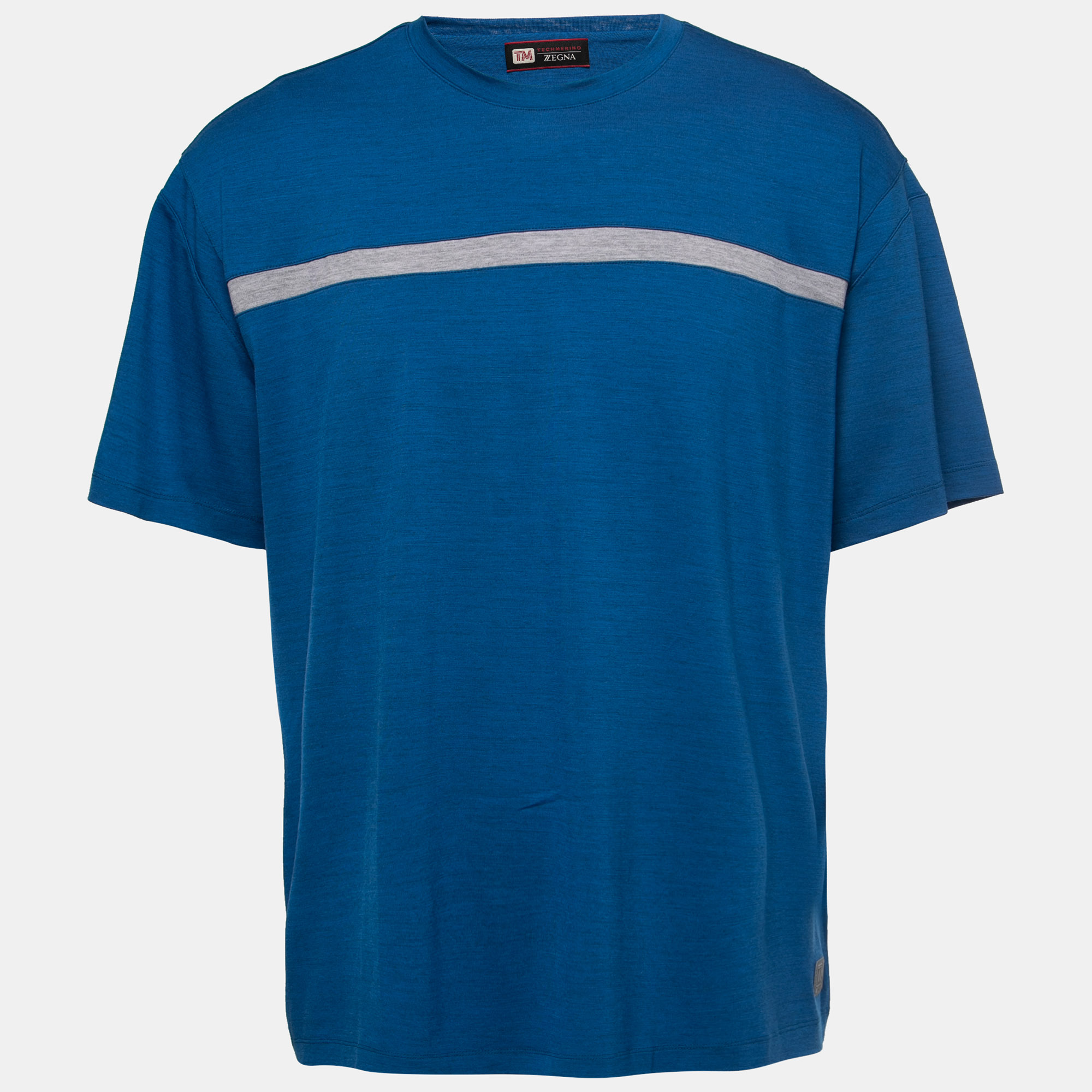Pre-owned Z Zegna Techmerino Blue Wool Stripe Paneled Crew Neck T-shirt L