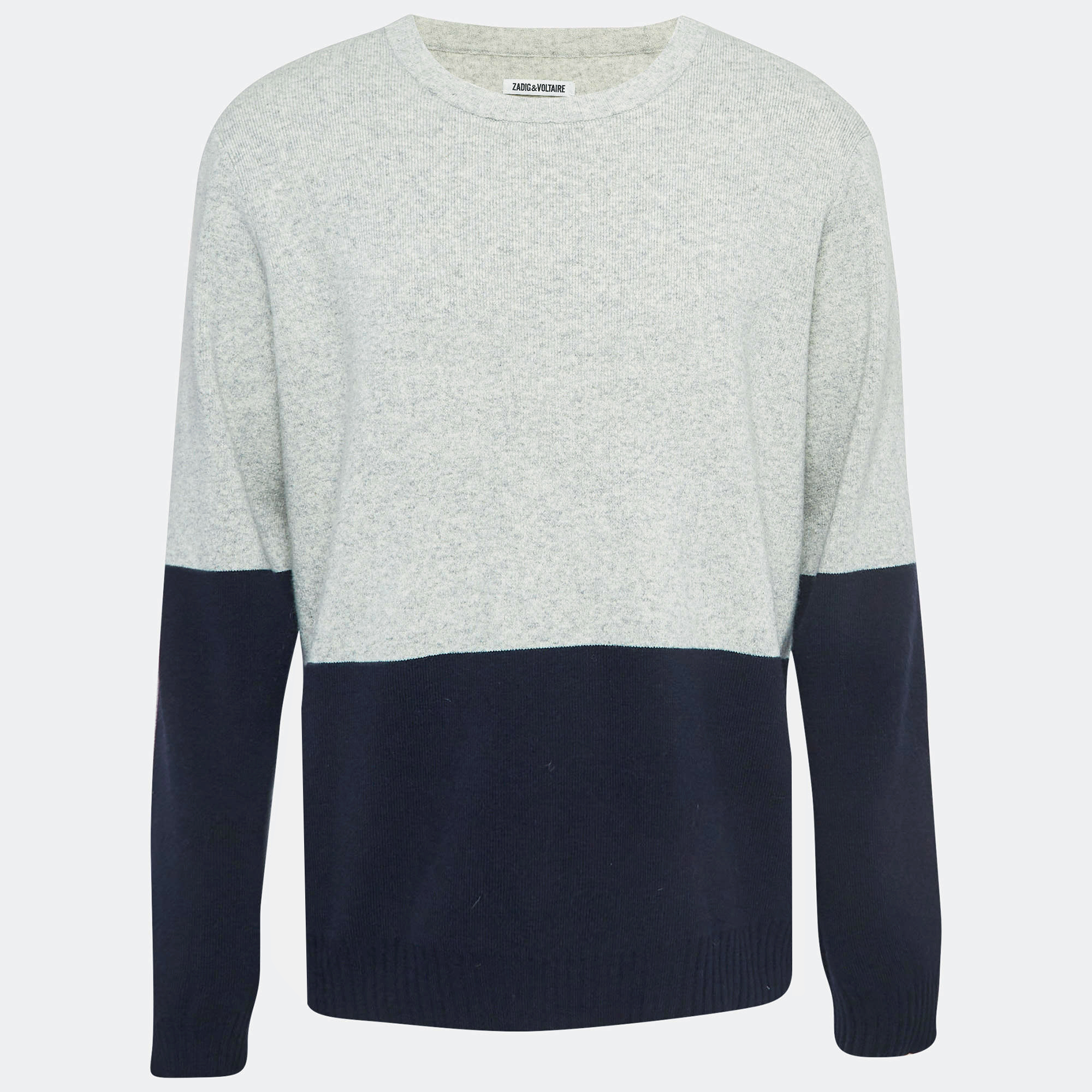 Pre-owned Zadig & Voltaire Grey/navy Blue Wool Round Neck Rod Jumper L In Gray