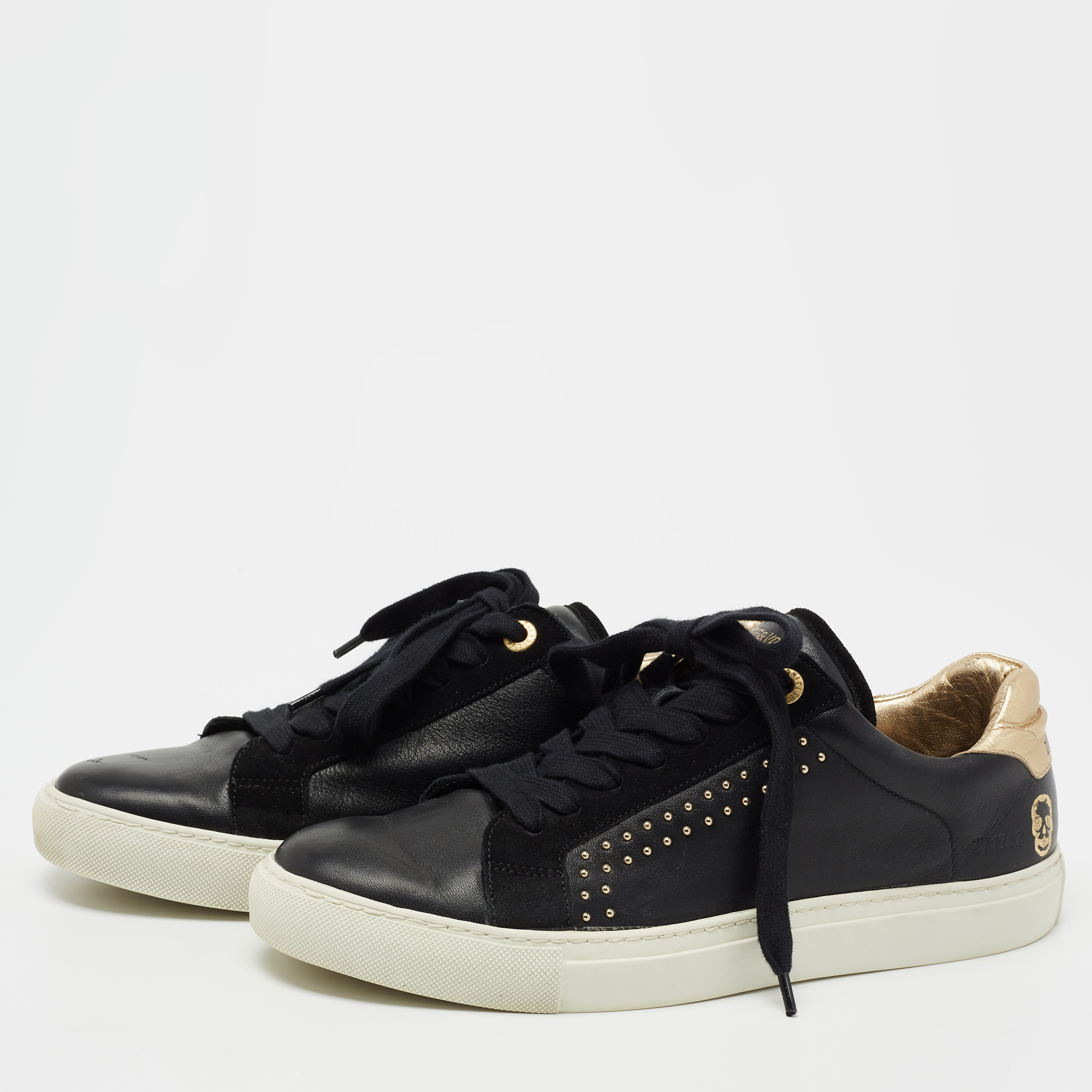 

Zadig and Voltaire Black Leather And Suede Studded Lace Up Sneakers Size