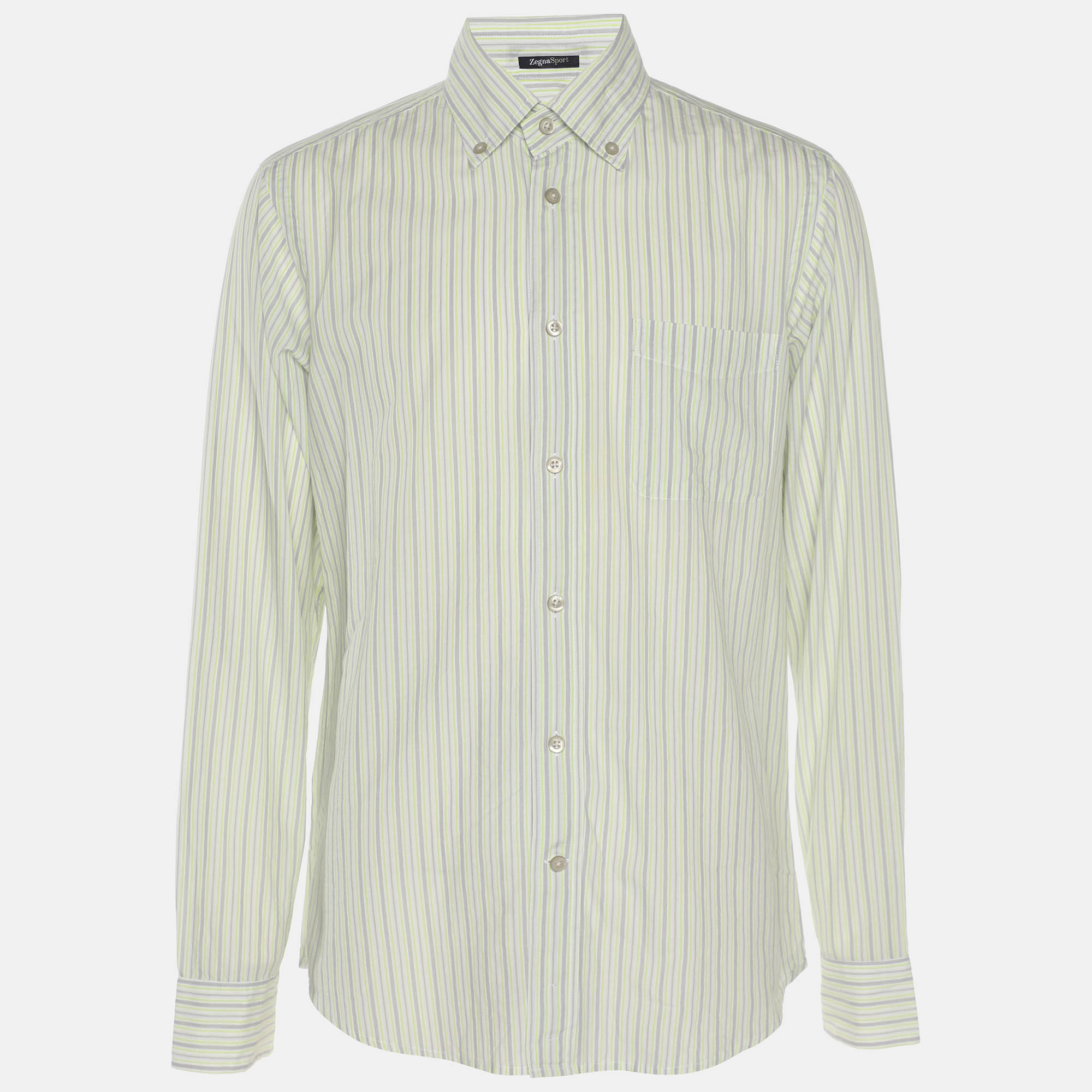 Zegna Sport Green/Grey Stripe Cotton Long Sleeve Shirt M