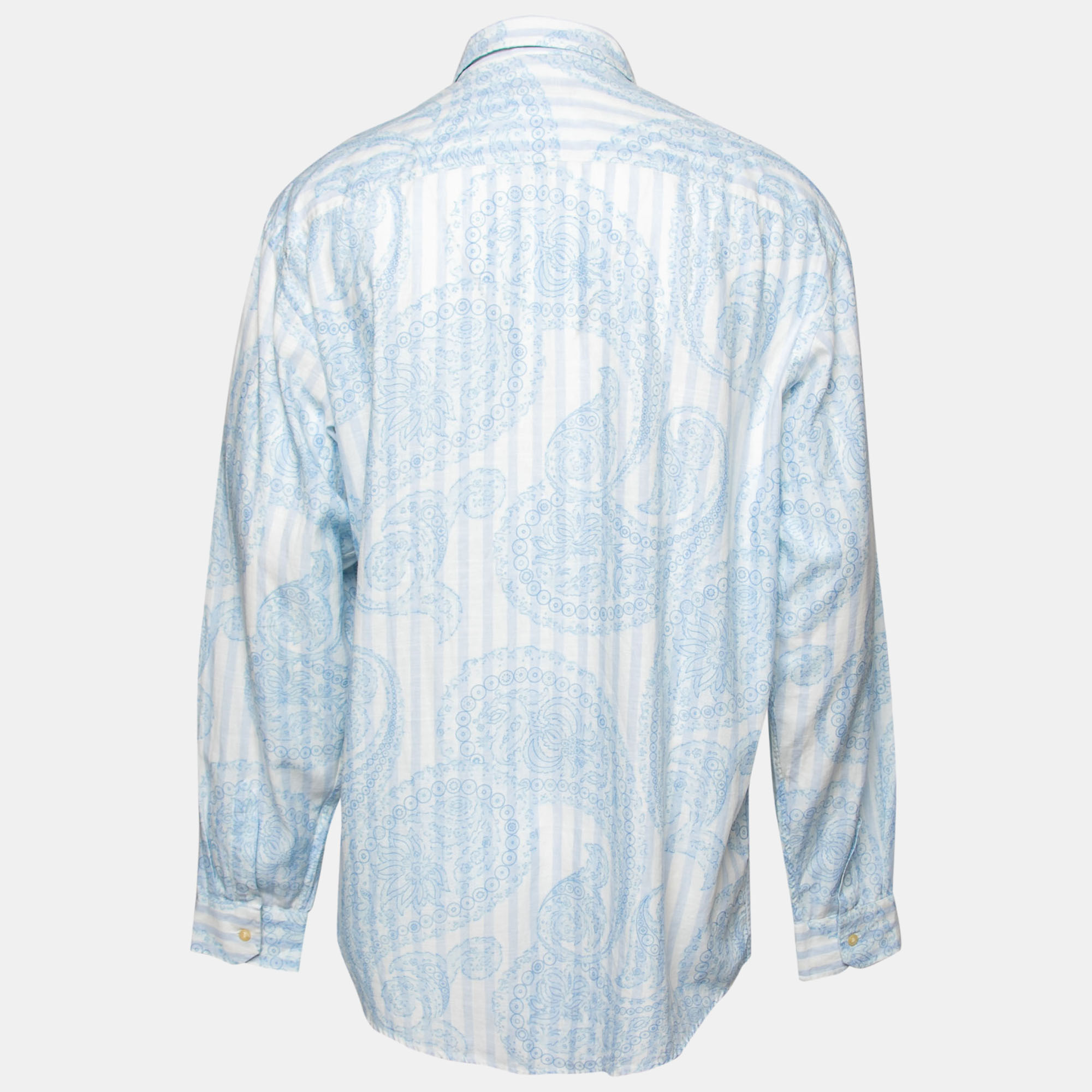 

Zegna Sport Blue Paisley Striped Print Linen Long-Sleeve Shirt