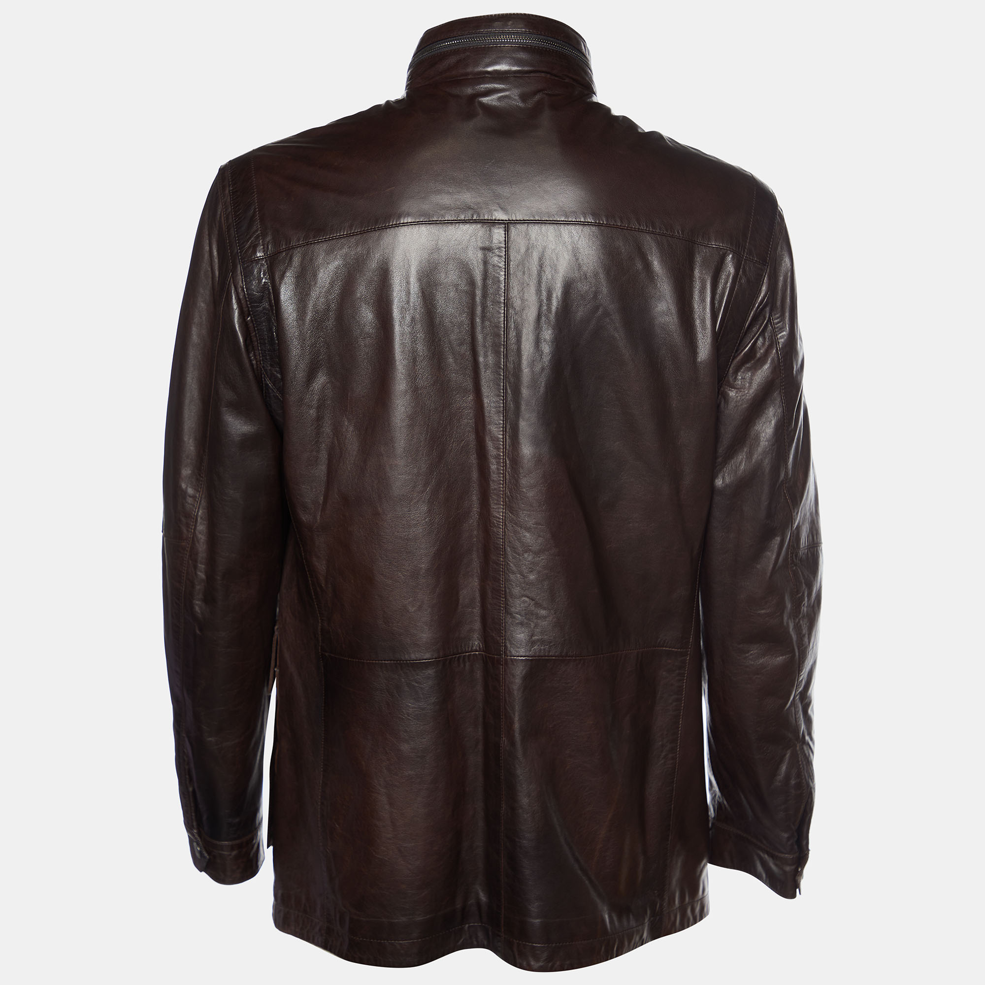 

Zegna Sport Brown Leather Zip Front Jacket