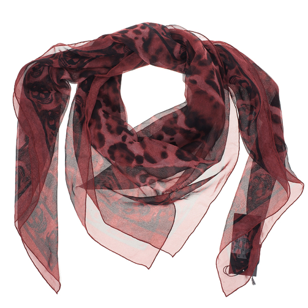 Pre Owned Alexander McQueen Red Chiffon Animalier Skull Square Scarf 
