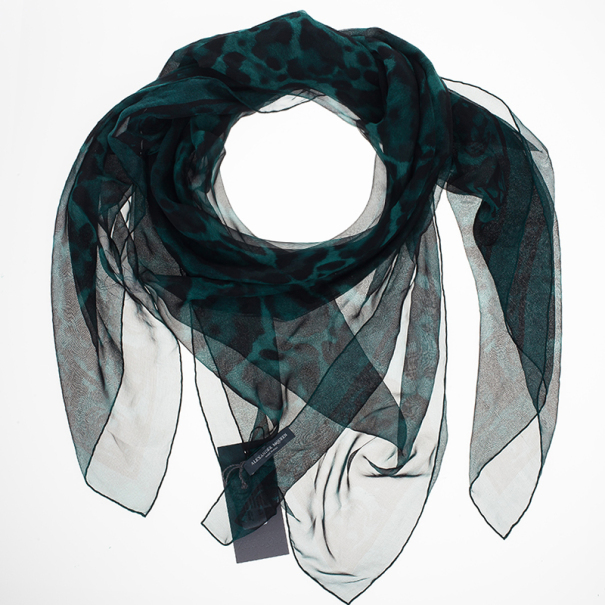 Pre Owned Alexander McQueen Green Chiffon Animalier Skull Square Scarf