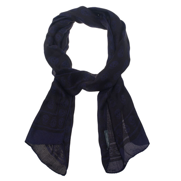 Pre Owned Alexander McQueen Blue Multiskull Silk Jacquard Scarf