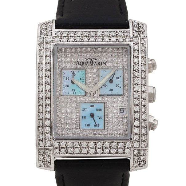 AquaMarin Diamond Chronograph SS Leather Womens Wristwatch 34 MM