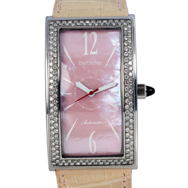 Barthelay Pink Mother Of Pearl Diamond Fond Acier Womens Wristwatch 30 MM