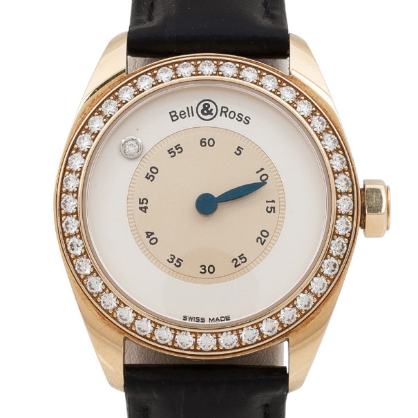 Bell & Ross Mystery 18K Yellow Gold Diamond Leather Womens Wristwatch 34 MM