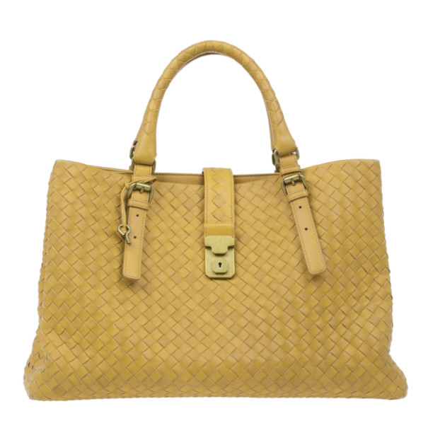 Pre Owned Bottega Veneta Mustard Leather Roma Intrecciato Tote