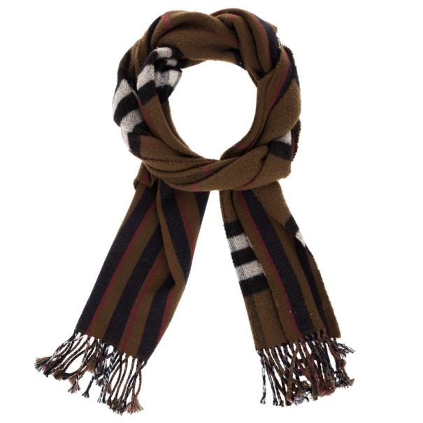 Pre Owned Burberry Brown Novacheck Cashmere and Merino Scarf