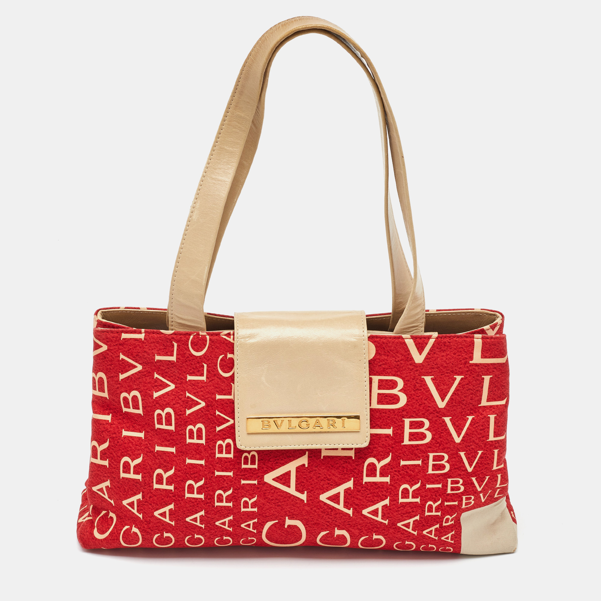 

Bvlgari Red/Beige Logo Mania Fabric and Leather Baguette Bag