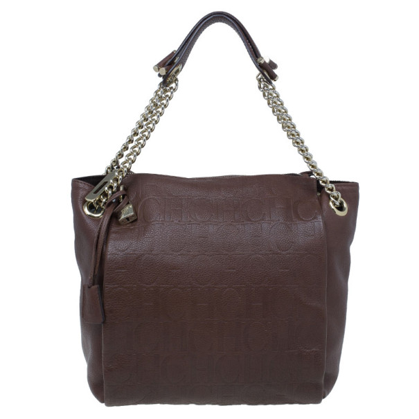 Pre Owned Carolina Herrera Brown Monogram Leather Shoulder Tote