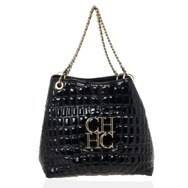 Pre Owned Carolina Herrera Black Patent Quilted Tote