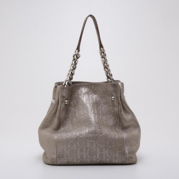Pre Owned Carolina Herrera Monogram Chain Handle Tote Silver