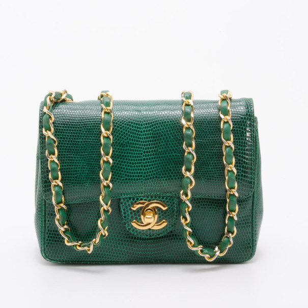 Chanel small green lizard leather flap bag GHW