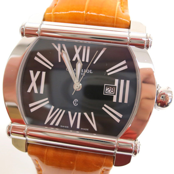 Philippe Charriol SS Leather Black Actor Mens Wristwatch 