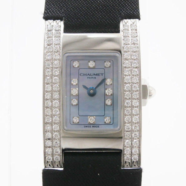 Pre Owned Chaumet Classic SS Leather Blue Mother of Pearl and Diamond Womens Wristwatch 38 MM