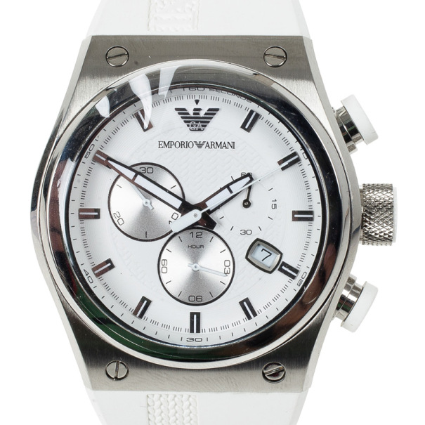 Pre Owned Emporio Armani White Stainless Steel AR6103 Men's Wristwatch 44MM
