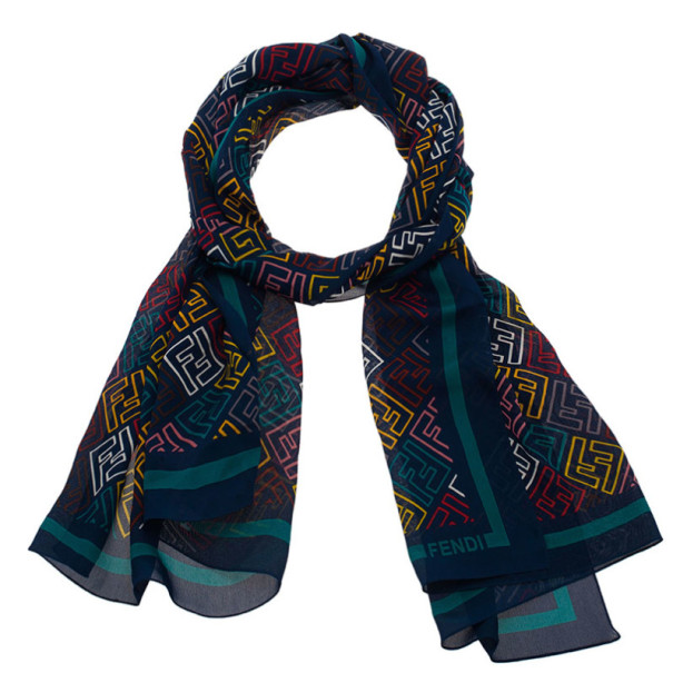 Pre Owned Fendi Blue Multicolor Zucca Silk Stole