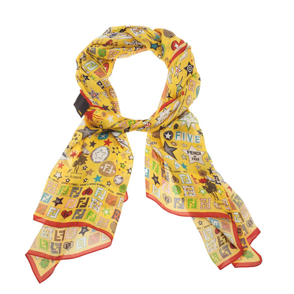 Pre Owned Fendi Yellow Star Print Silk Stole