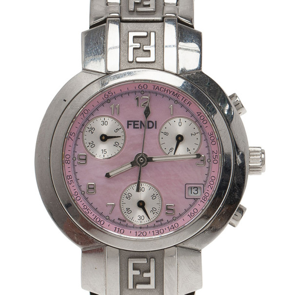 Pre Owned Fendi Pink Stainless Steel Zucca Women's Wristwatch 32MM