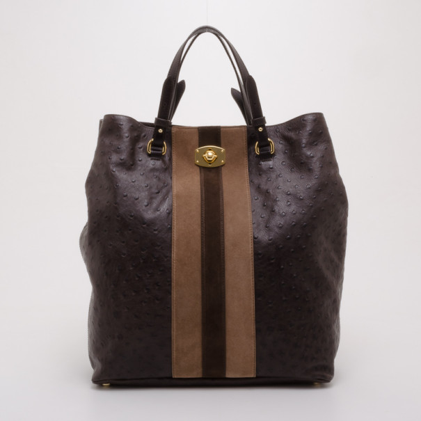 Pre Owned Furla Brown Ostrich Embossed Appaloose Vertical Shopper Tote