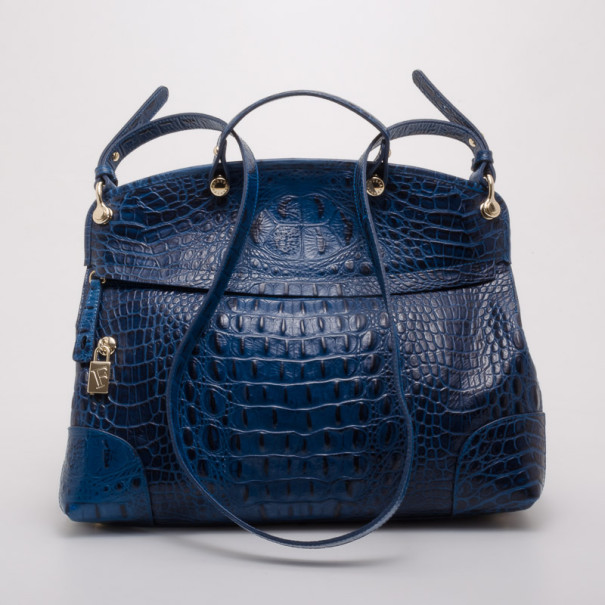 Pre Owned Furla Blue Crocodile Embossed Large Piper Satchel