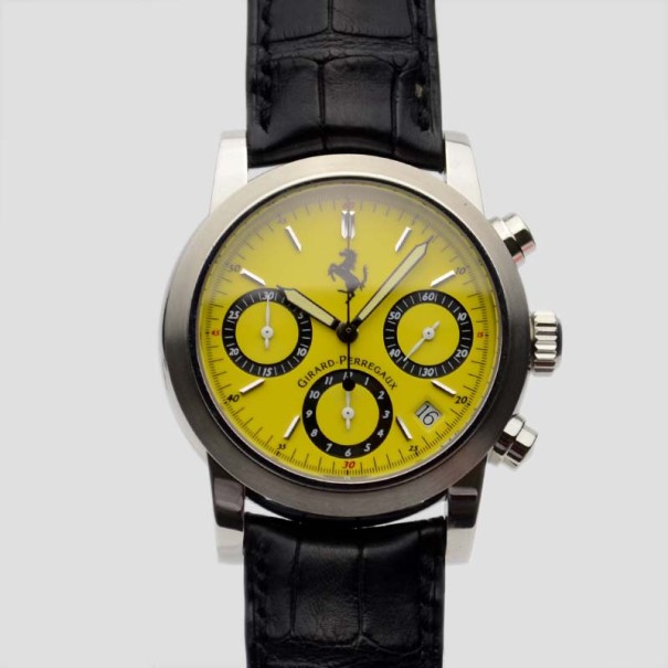Click to view more detailed imagery on our partner's website Pre-owned Girard-perregaux Yellow Stainless Steel Leather Ferrari Ref.8020 Chronograph Men's Wristwatch 38 Mm In Black