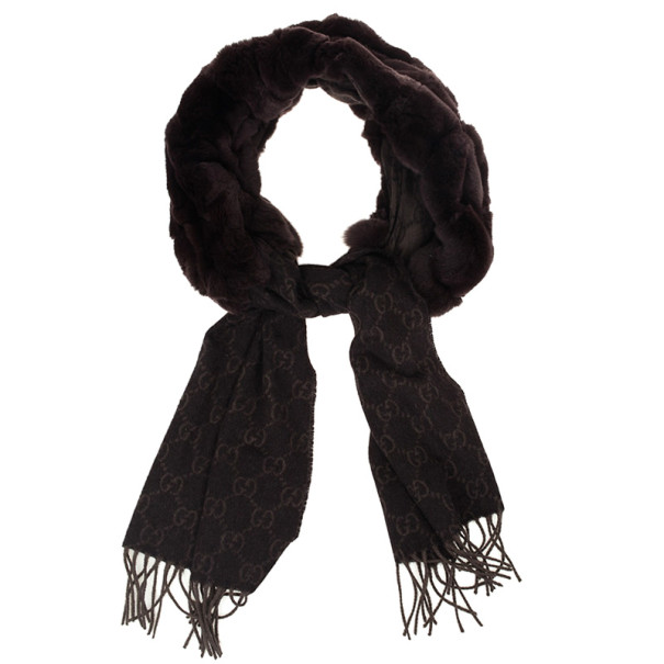 مملوكة مسبقًا Gucci Brown Rabbit Fur & GG Pattern Cashmere Scarf