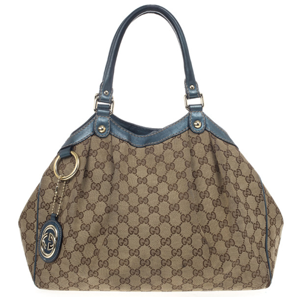 Pre Owned Gucci Monogram Metallic Blue Trim Sukey Hobo