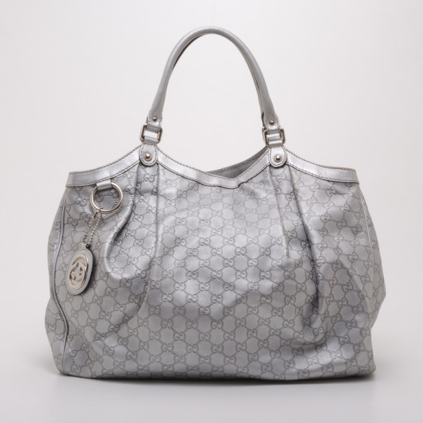 Pre Owned Gucci Silver Guccissima Medium Sukey Tote