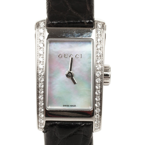 Gucci 8600L Mother of Pearl Diamond SS Leather Womens Wristwatch 26 MM
