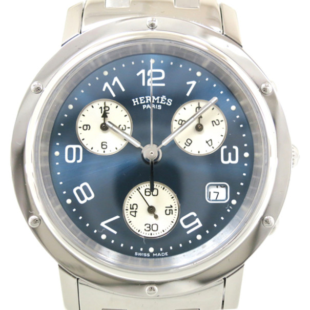 Hermes Clipper Chronograph SS Blue Mens Wristwatch