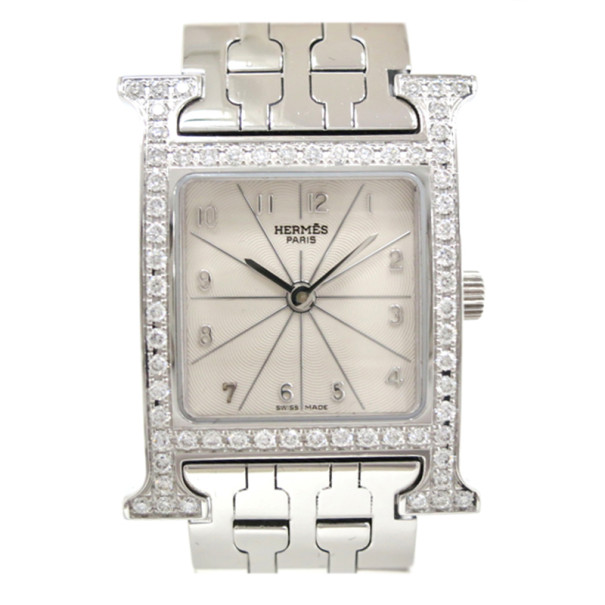 Hermes H Watch Diamond SS White Womens Wristwatch 22 MM