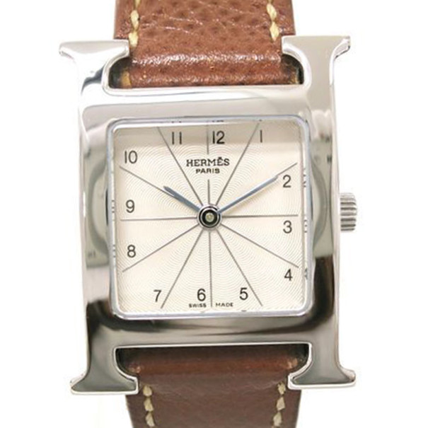 Pre Owned Hermes H Watch Wristwatch SS Leather Brown Ladies