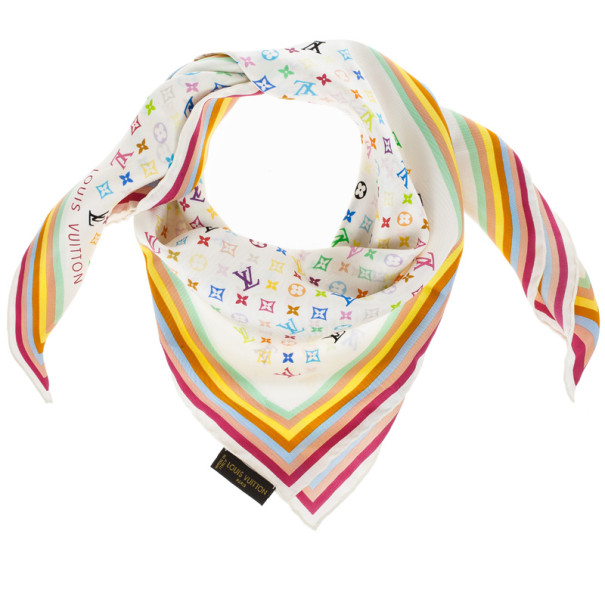 Louis Vuitton Monogram Scarf Handkerchief Multicolor White 100% Silk