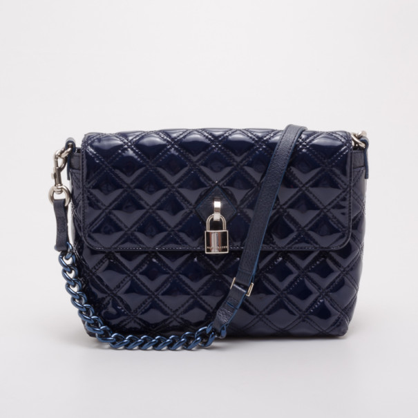 Pre Owned Marc Jacobs Blue Patent Quilted Single Flap Shoulder Bag