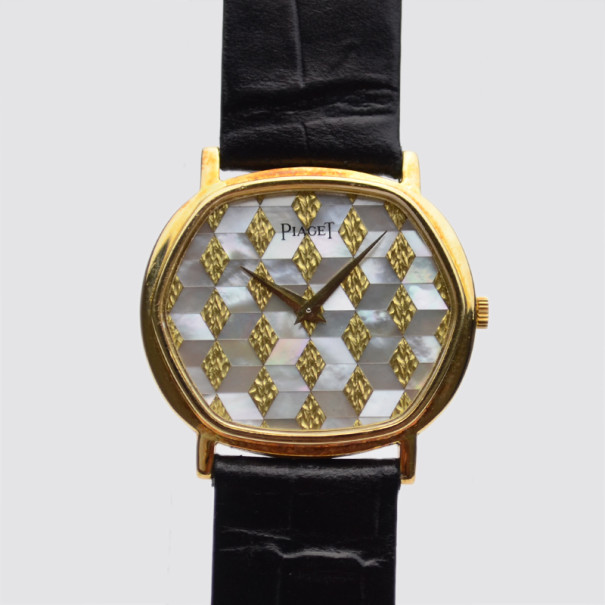 Piaget Damier MOP 18 K Yellow Gold Leather Womens Wristwatch 34 MM