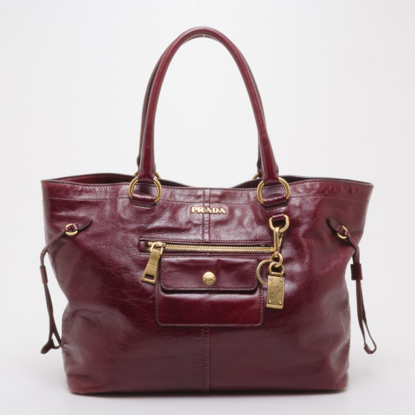 Pre Owned Prada Burgundy Glazed Leather Tote 