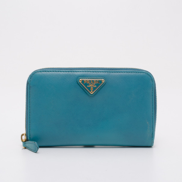 Prada Saffiano Calf Leather Wallet in Aqua Blue 