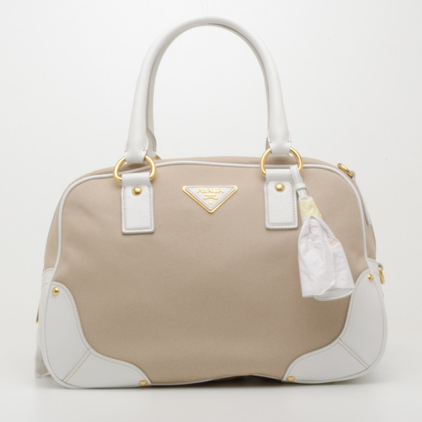 مملوكة مسبقًا Prada Beige/White Bauletto Satchel