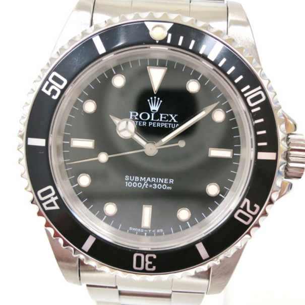 Pre Owned Rolex Submariner Non Date Wristwatch Black Silver Mens 