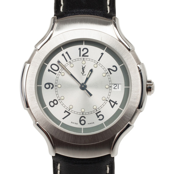 Yves Saint Laurent SS Leather Silver Trim Womens Wristwatch 36 MM