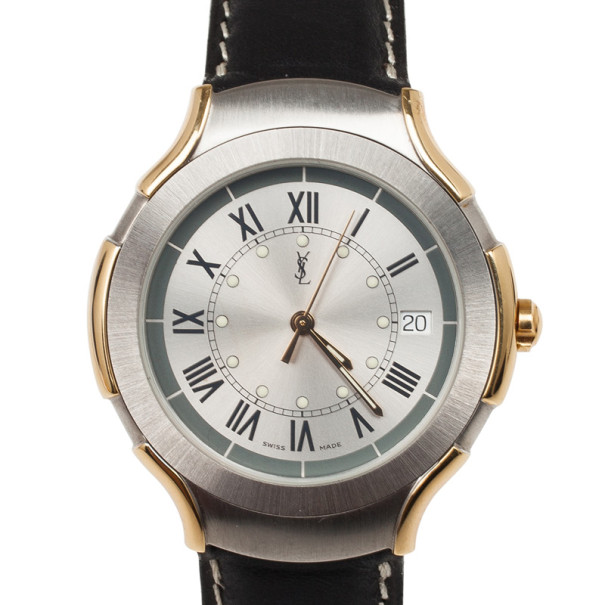 Yves Saint Laurent SS Leather Gold Trim Womens Wristwatch 36 MM