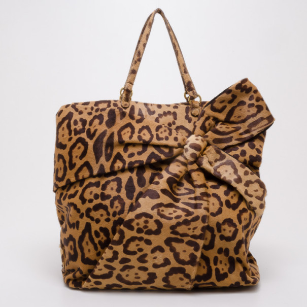 Pre Owned Valentino Calf Hair Leopard Bow Tote