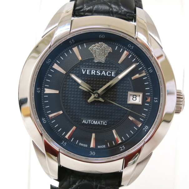 Pre Owned Versace Character Wristwatch SS Leather Black Mens 